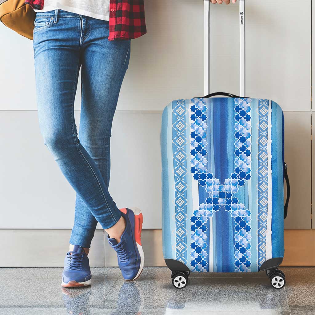 Tunisian Mosaic Pattern Luggage Cover with Blue Stripes and Traditional Tile Design TS04