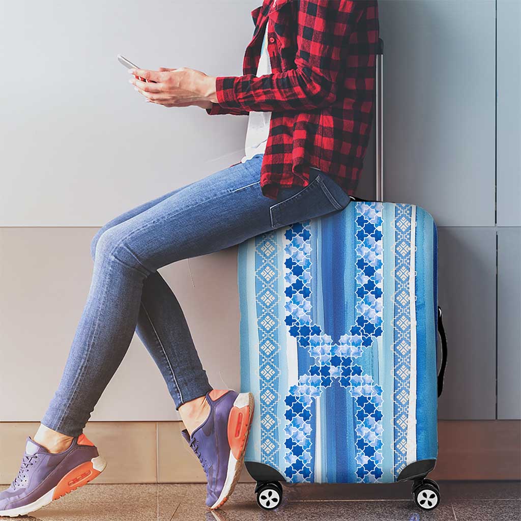 Tunisian Mosaic Pattern Luggage Cover with Blue Stripes and Traditional Tile Design TS04