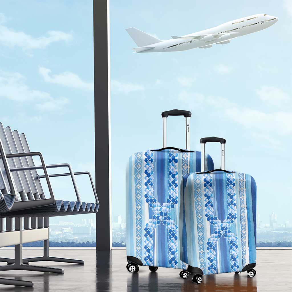 Tunisian Mosaic Pattern Luggage Cover with Blue Stripes and Traditional Tile Design TS04