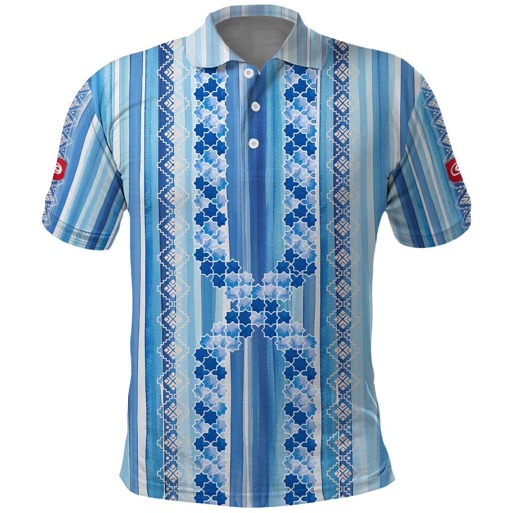Tunisian Mosaic Pattern Polo Shirt with Blue Stripes and Traditional Tile Design TS04