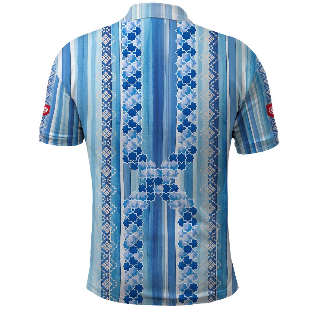 Tunisian Mosaic Pattern Polo Shirt with Blue Stripes and Traditional Tile Design TS04