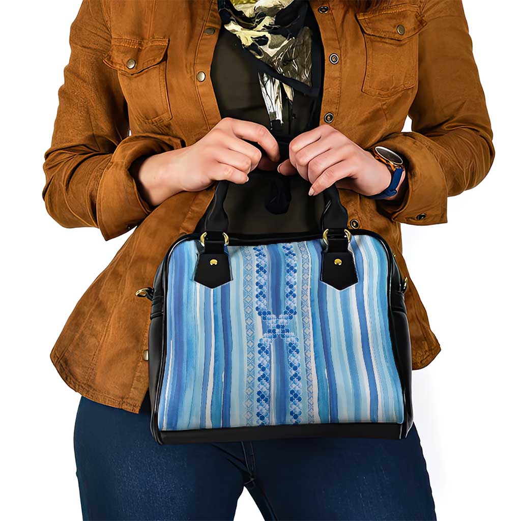Tunisian Mosaic Pattern Shoulder Handbag with Blue Stripes and Traditional Tile Design TS04