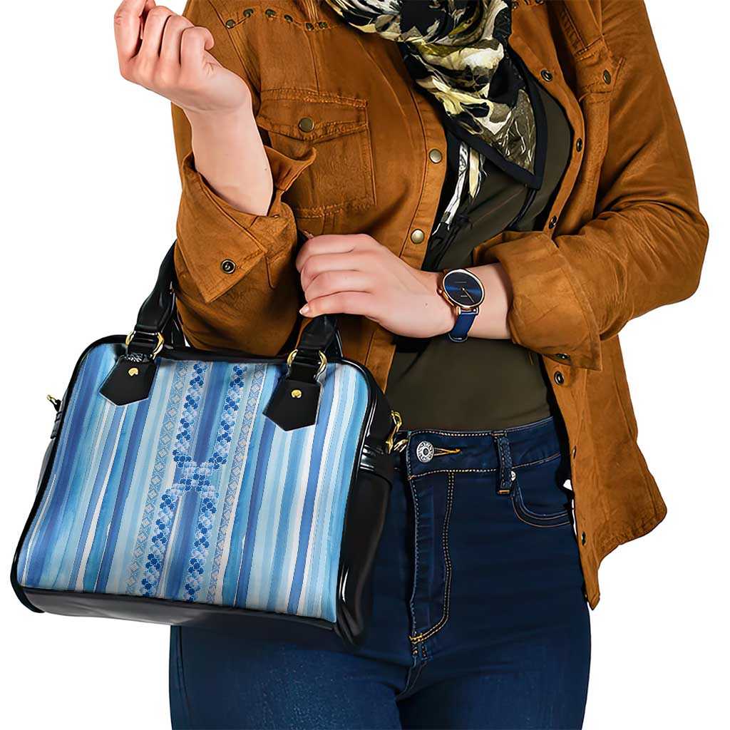 Tunisian Mosaic Pattern Shoulder Handbag with Blue Stripes and Traditional Tile Design TS04