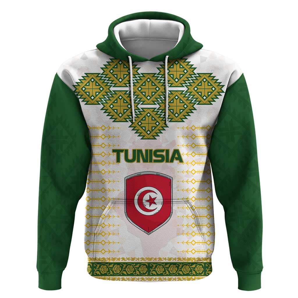 Tunisia Flag Traditional Tribal Pattern Green and White Pullover Hoodie with National Crest and Emblem TS04