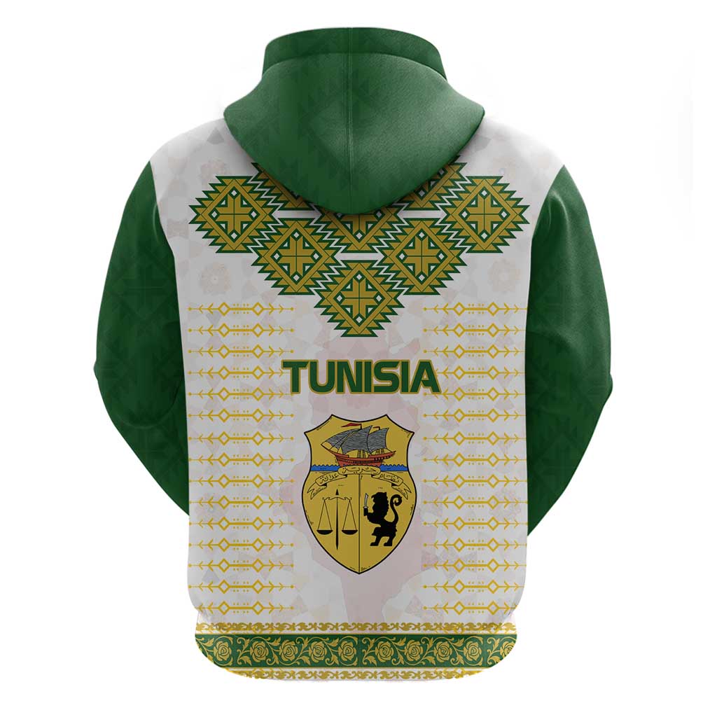 Tunisia Flag Traditional Tribal Pattern Green and White Pullover Hoodie with National Crest and Emblem TS04