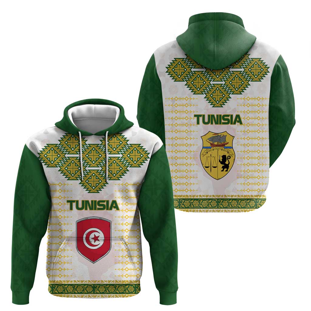 Tunisia Flag Traditional Tribal Pattern Green and White Pullover Hoodie with National Crest and Emblem TS04