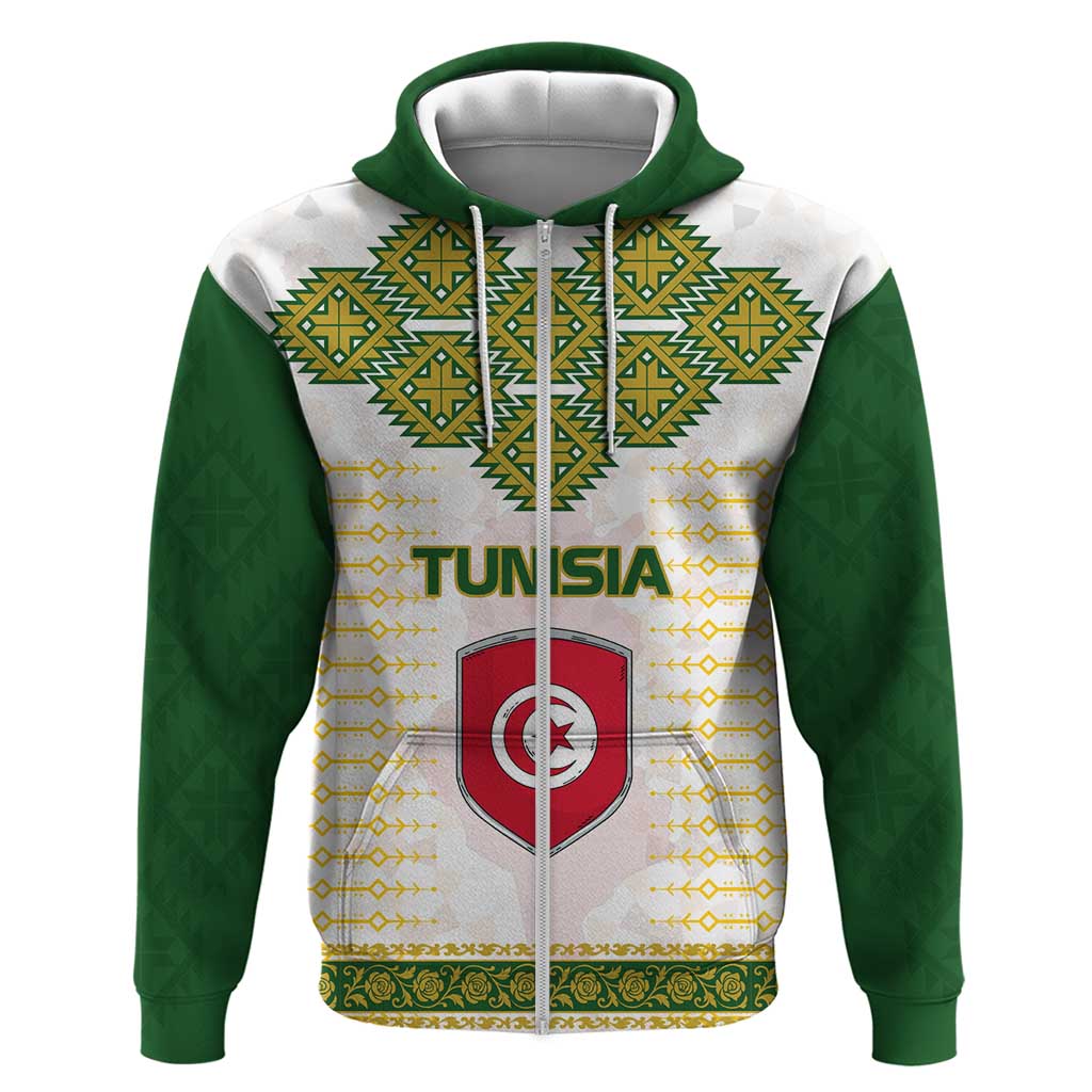 Tunisia Flag Traditional Tribal Pattern Green and White Pullover Hoodie with National Crest and Emblem TS04