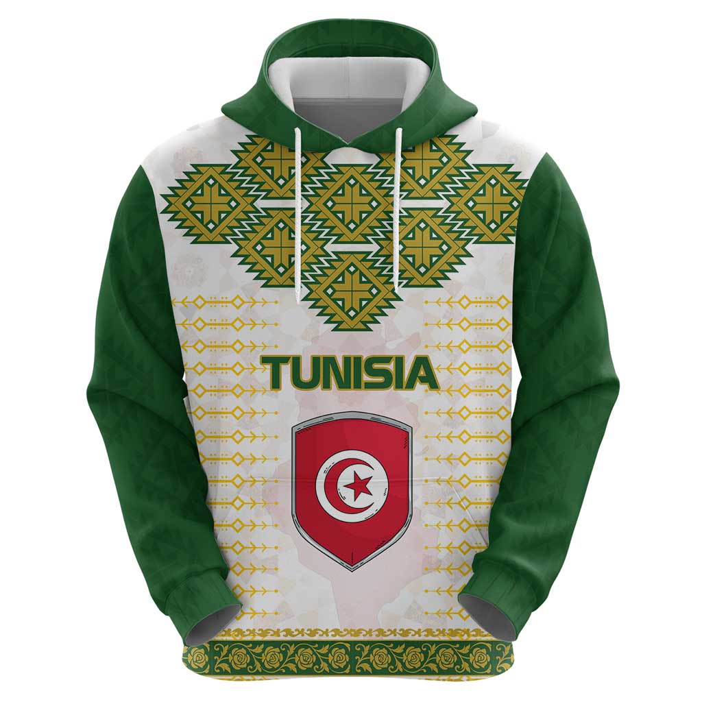 Tunisia Flag Traditional Tribal Pattern Green and White Pullover Hoodie with National Crest and Emblem TS04