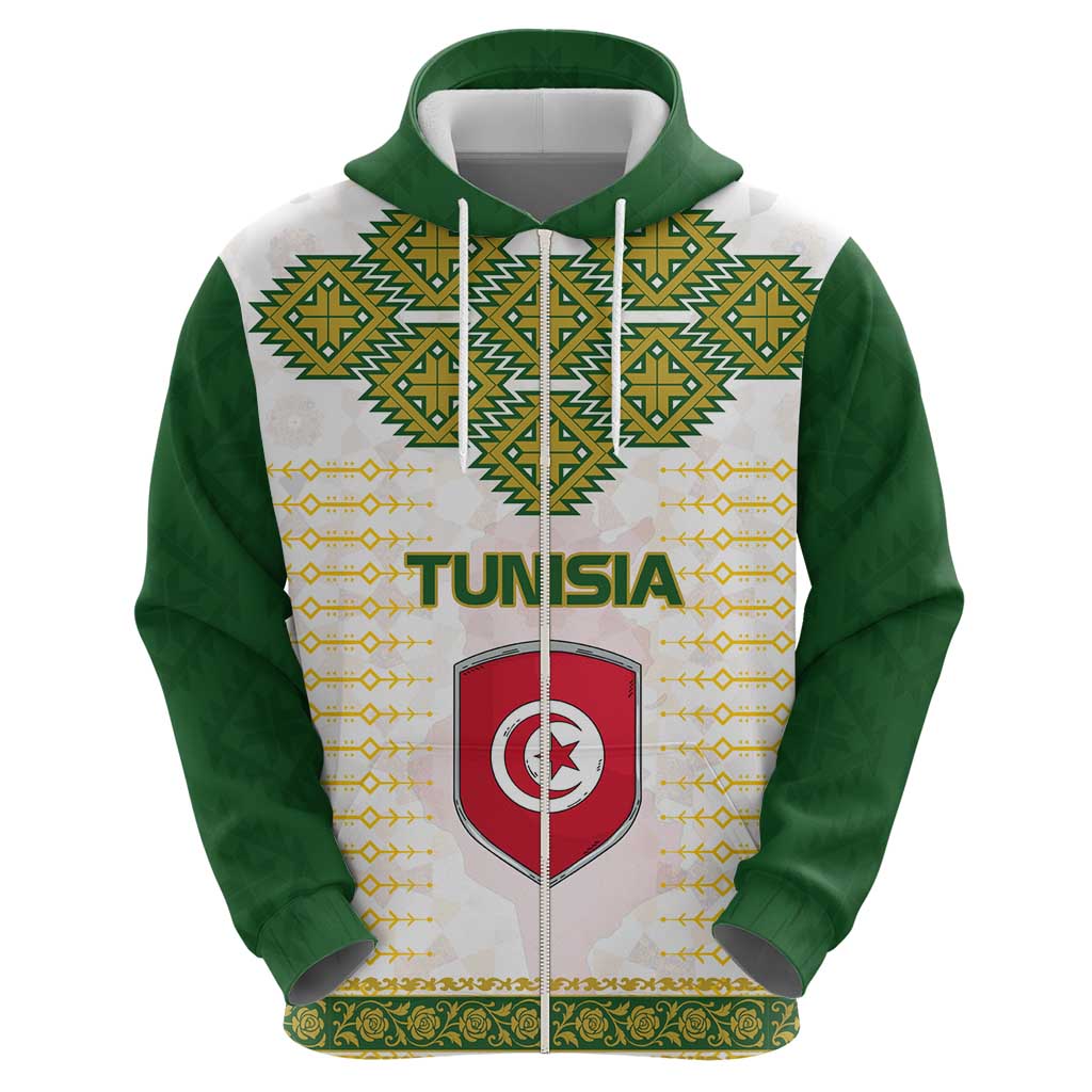 Tunisia Flag Traditional Tribal Pattern Green and White Pullover Hoodie with National Crest and Emblem TS04