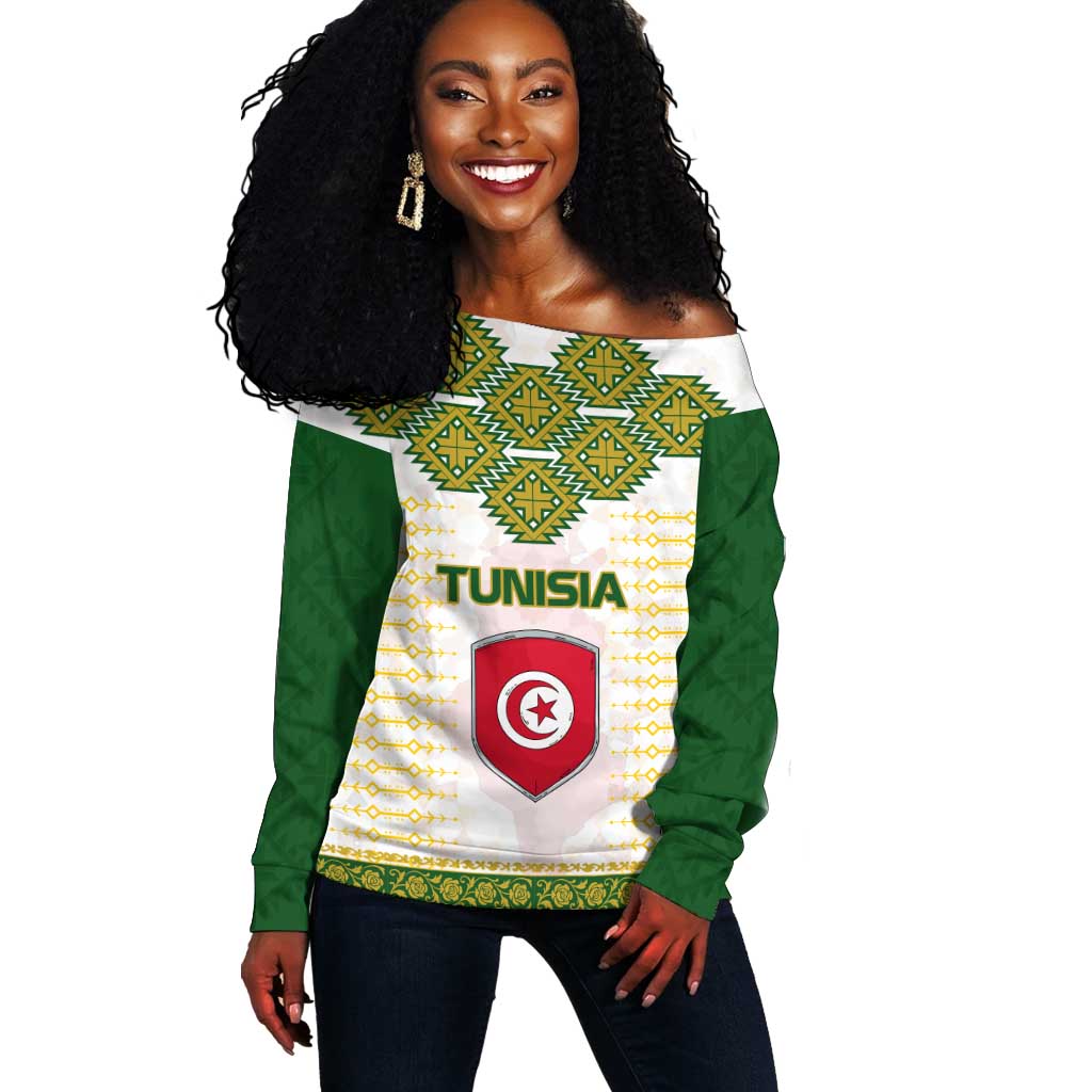 Tunisia Flag Off Shoulder Sweater with National Crest and Emblem TS04