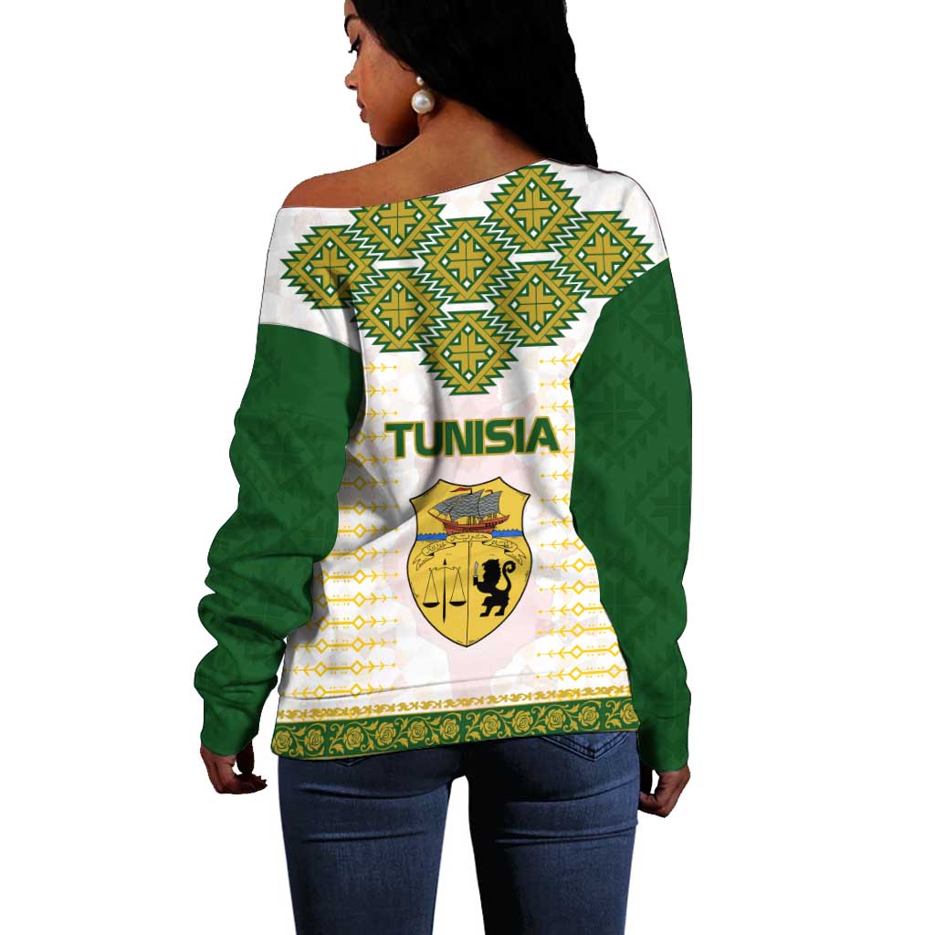 Tunisia Flag Off Shoulder Sweater with National Crest and Emblem TS04