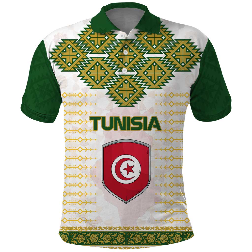 Tunisia Flag Traditional Tribal Pattern Green and White Pullover Polo Shirt with National Crest and Emblem TS04