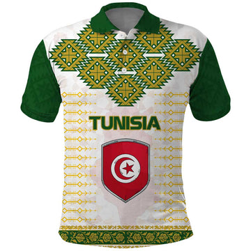Tunisia Flag Traditional Tribal Pattern Green and White Pullover Polo Shirt with National Crest and Emblem TS04