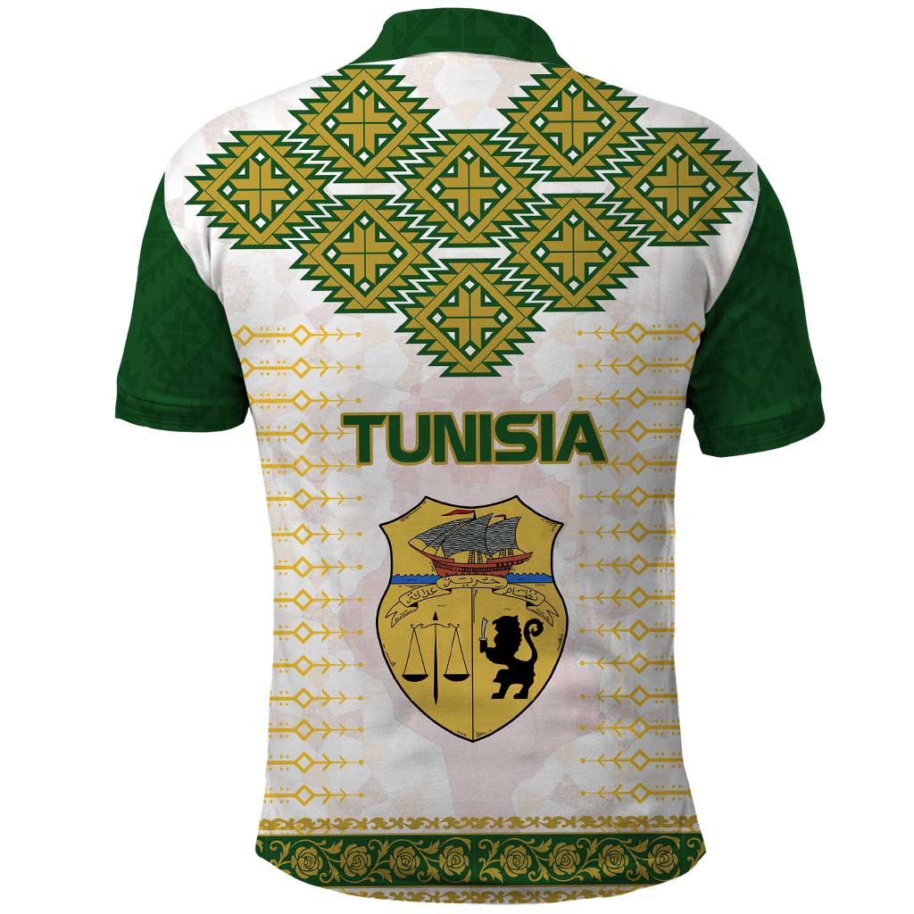 Tunisia Flag Traditional Tribal Pattern Green and White Pullover Polo Shirt with National Crest and Emblem TS04