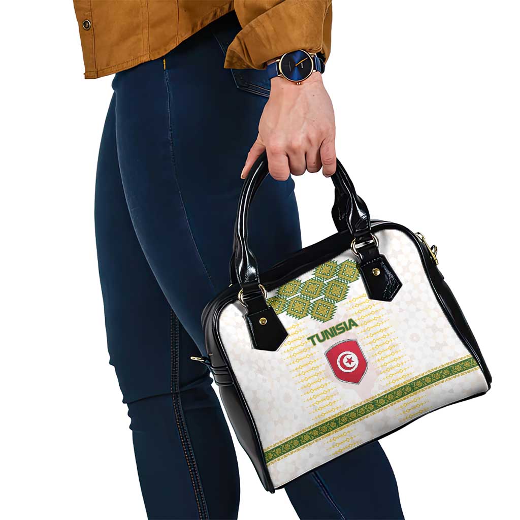 Tunisia Flag Traditional Tribal Pattern Green and White Pullover Shoulder Handbag with National Crest and Emblem TS04