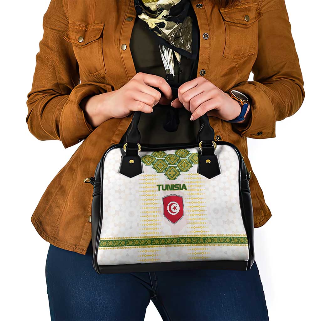 Tunisia Flag Traditional Tribal Pattern Green and White Pullover Shoulder Handbag with National Crest and Emblem TS04