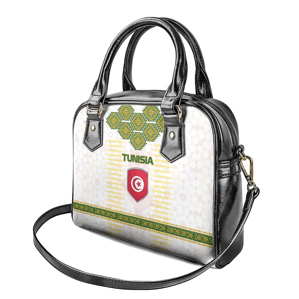 Tunisia Flag Traditional Tribal Pattern Green and White Pullover Shoulder Handbag with National Crest and Emblem TS04