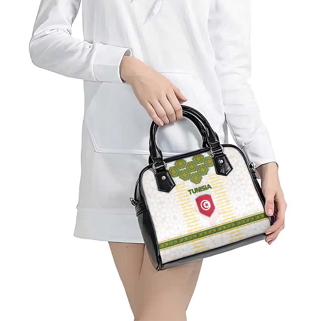 Tunisia Flag Traditional Tribal Pattern Green and White Pullover Shoulder Handbag with National Crest and Emblem TS04