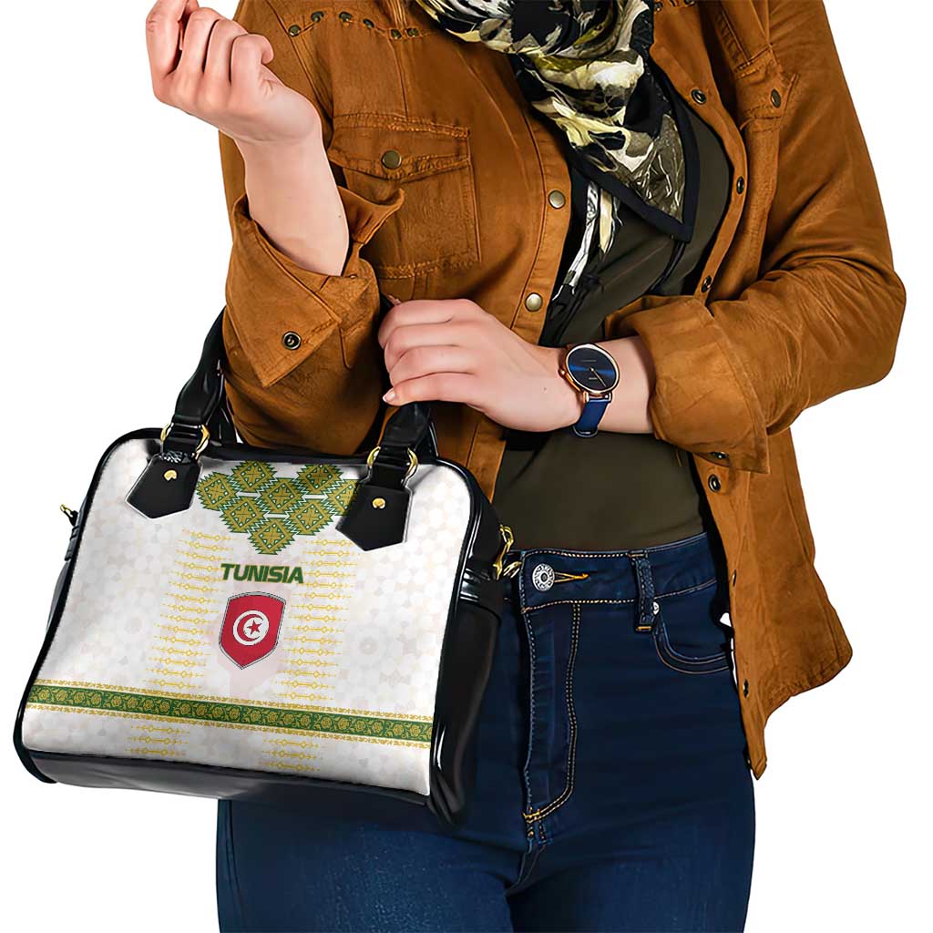 Tunisia Flag Traditional Tribal Pattern Green and White Pullover Shoulder Handbag with National Crest and Emblem TS04