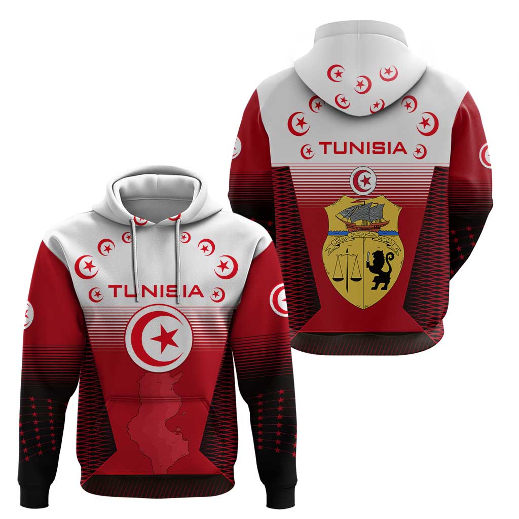 Tunisia Patriotic Hoodie with National Crest, Crescent Star and Country Map TS04