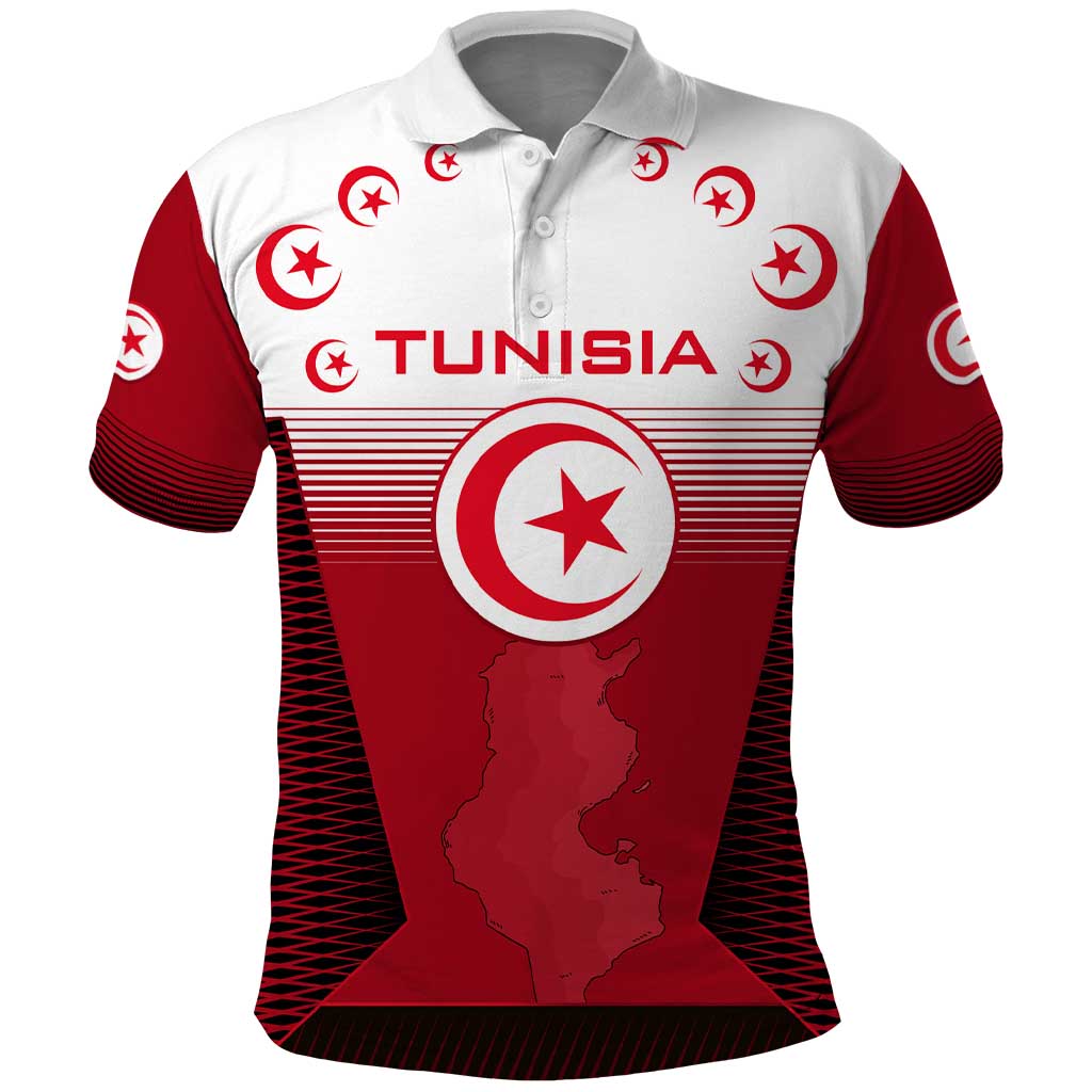 Tunisia Patriotic Polo Shirt with National Crest, Crescent Star and Country Map TS04