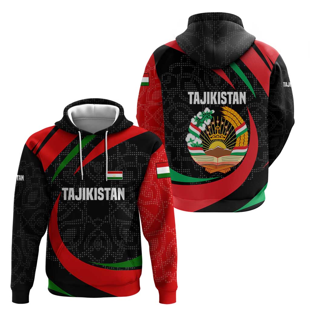 Tajikistan National Emblem Hoodie with Black Red Green Tribal Pattern TS04