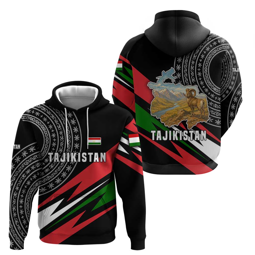 Tajikistan Marco Polo Sheep Hoodie with Black Red Green Tribal Flag Pattern TS04