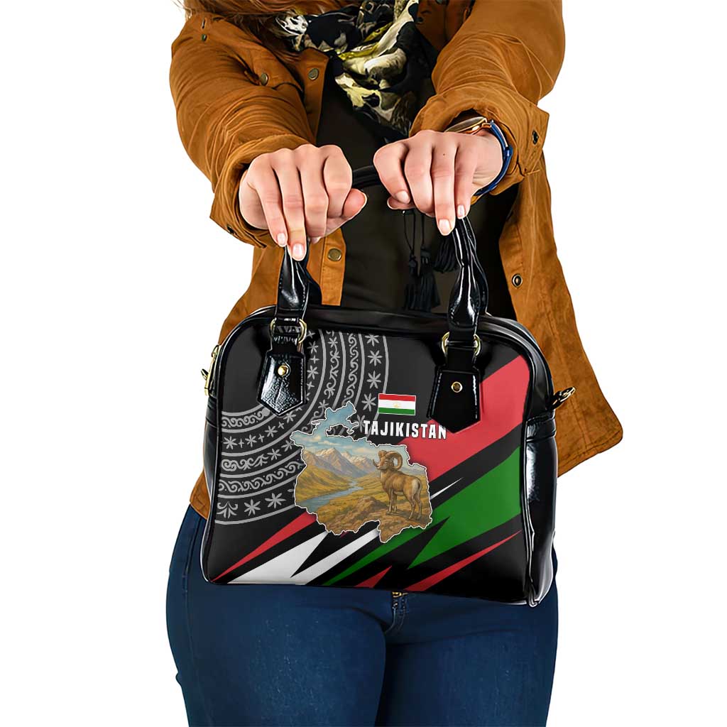 Tajikistan Marco Polo Sheep Shoulder Handbag with Black Red Green Tribal Flag Pattern TS04