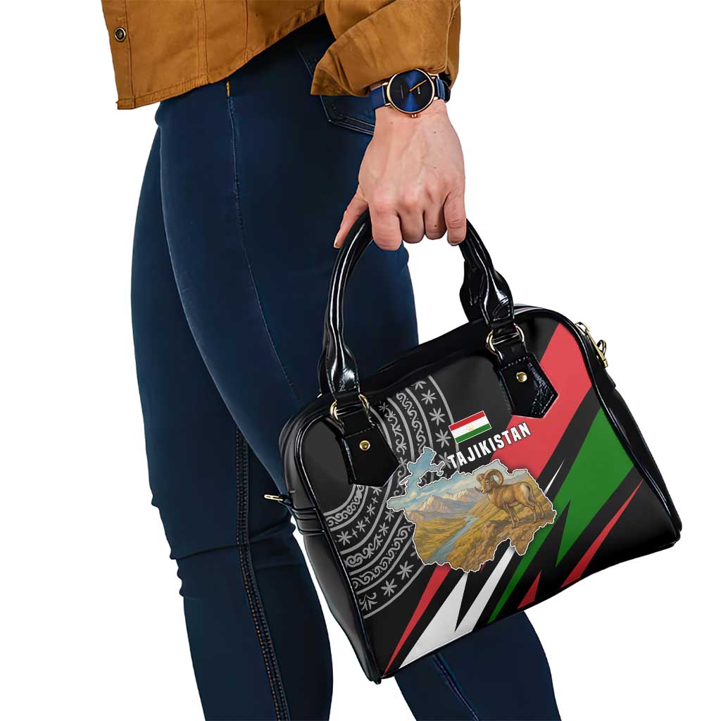 Tajikistan Marco Polo Sheep Shoulder Handbag with Black Red Green Tribal Flag Pattern TS04