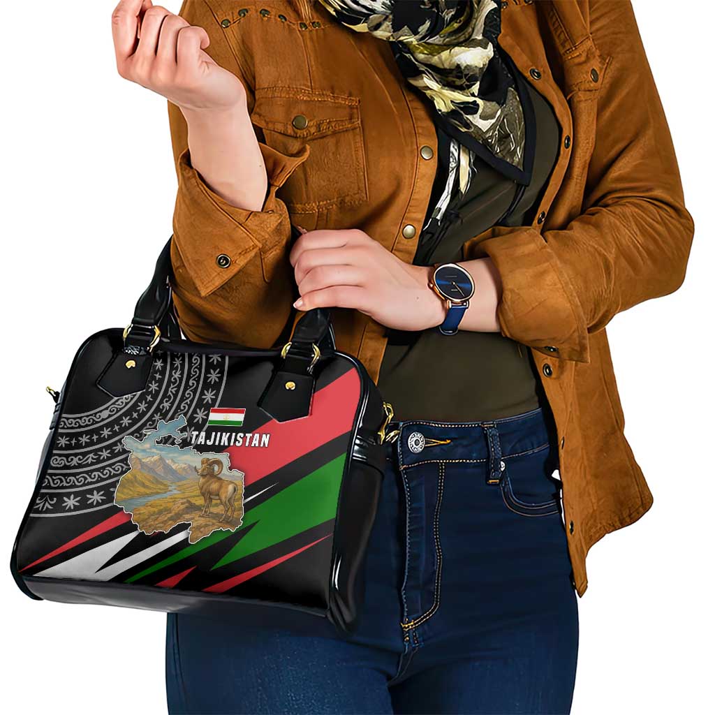 Tajikistan Marco Polo Sheep Shoulder Handbag with Black Red Green Tribal Flag Pattern TS04