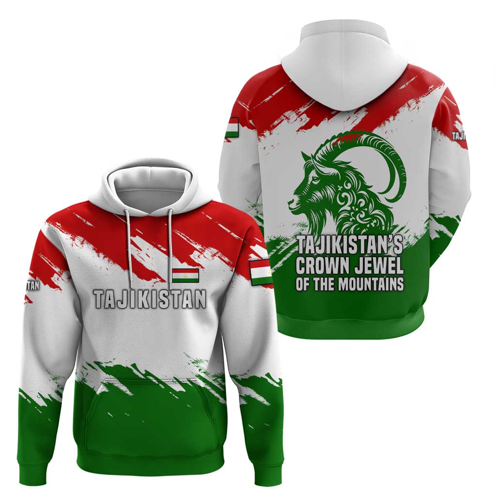 Tajikistan Hoodie Markhor with Red Green White Brushstroke Flag with Mountain Goat Design TS04