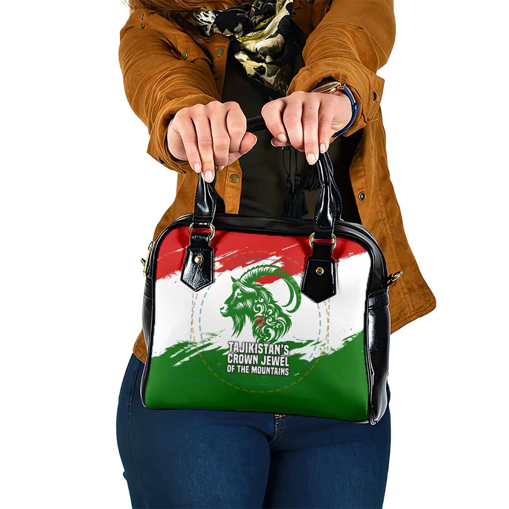 Tajikistan Shoulder Handbag Markhor with Red Green White Brushstroke Flag with Mountain Goat Design TS04