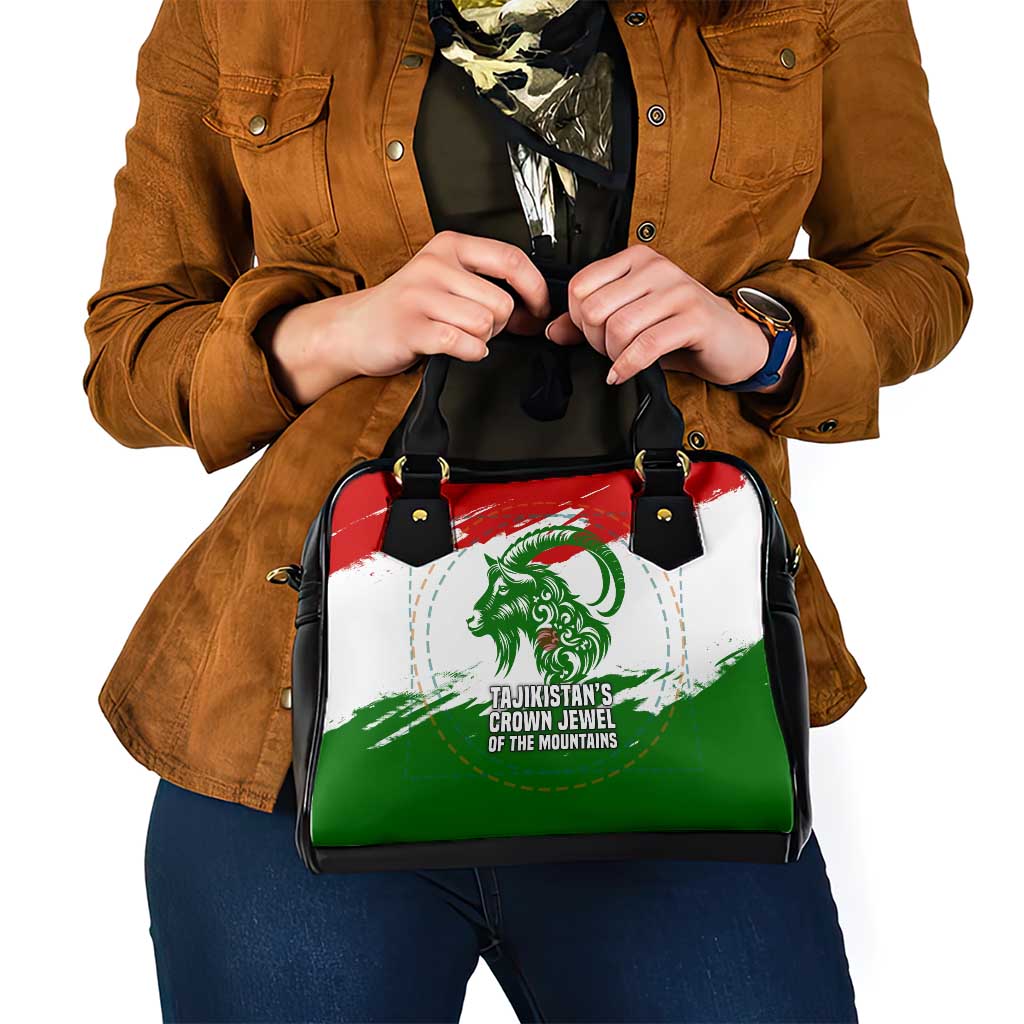 Tajikistan Shoulder Handbag Markhor with Red Green White Brushstroke Flag with Mountain Goat Design TS04
