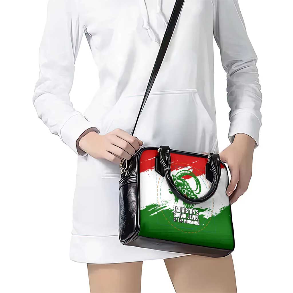 Tajikistan Shoulder Handbag Markhor with Red Green White Brushstroke Flag with Mountain Goat Design TS04