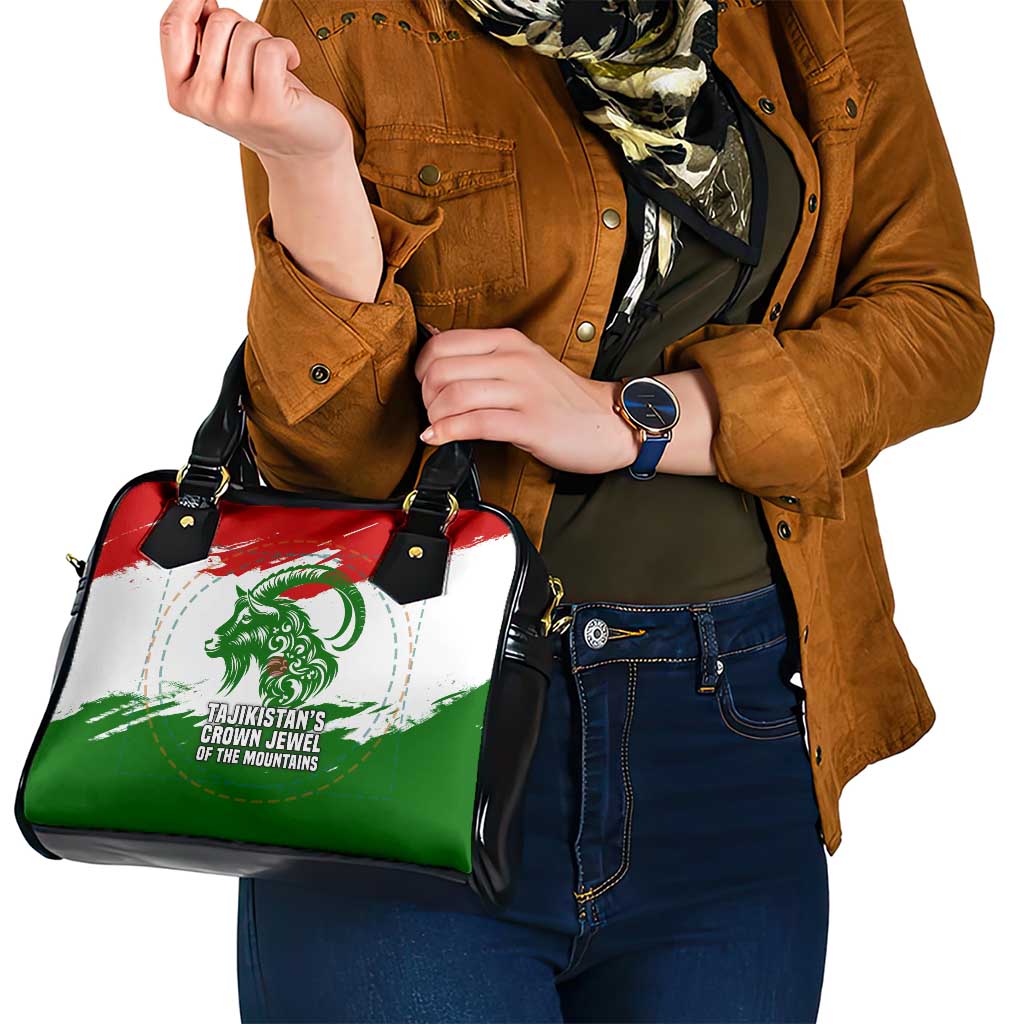 Tajikistan Shoulder Handbag Markhor with Red Green White Brushstroke Flag with Mountain Goat Design TS04