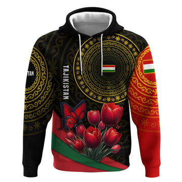 Tajikistan Hoodie Tulip with Red Floral Butterfly with Black Gold Folk Pattern TS04