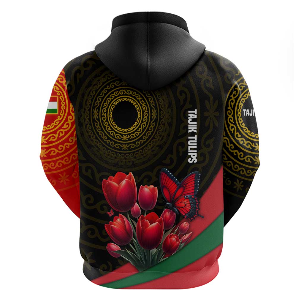 Tajikistan Hoodie Tulip with Red Floral Butterfly with Black Gold Folk Pattern TS04