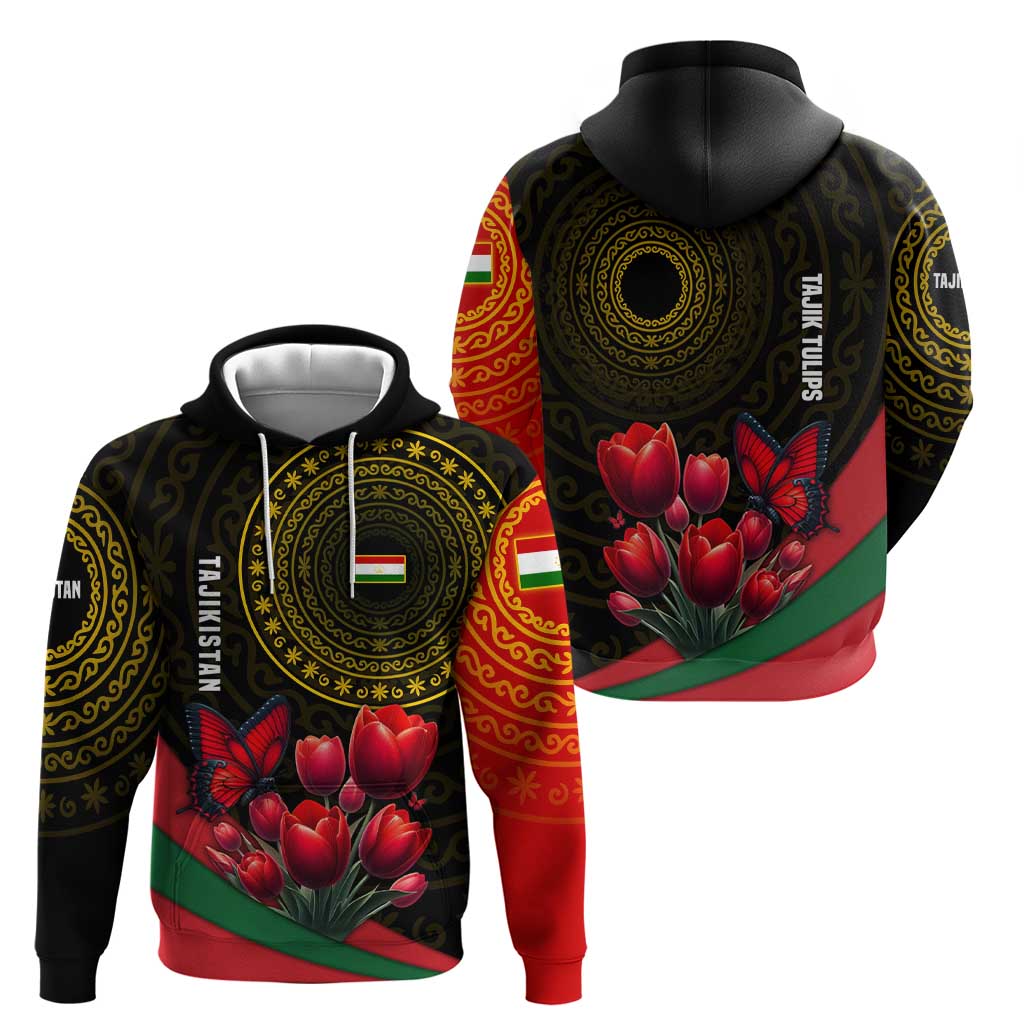 Tajikistan Hoodie Tulip with Red Floral Butterfly with Black Gold Folk Pattern TS04