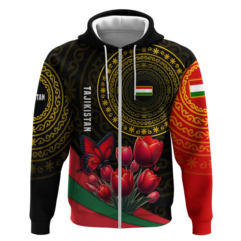 Tajikistan Hoodie Tulip with Red Floral Butterfly with Black Gold Folk Pattern TS04