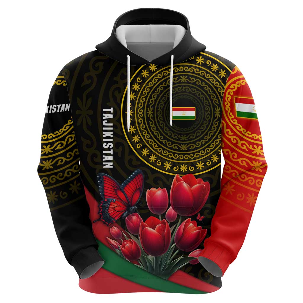 Tajikistan Hoodie Tulip with Red Floral Butterfly with Black Gold Folk Pattern TS04