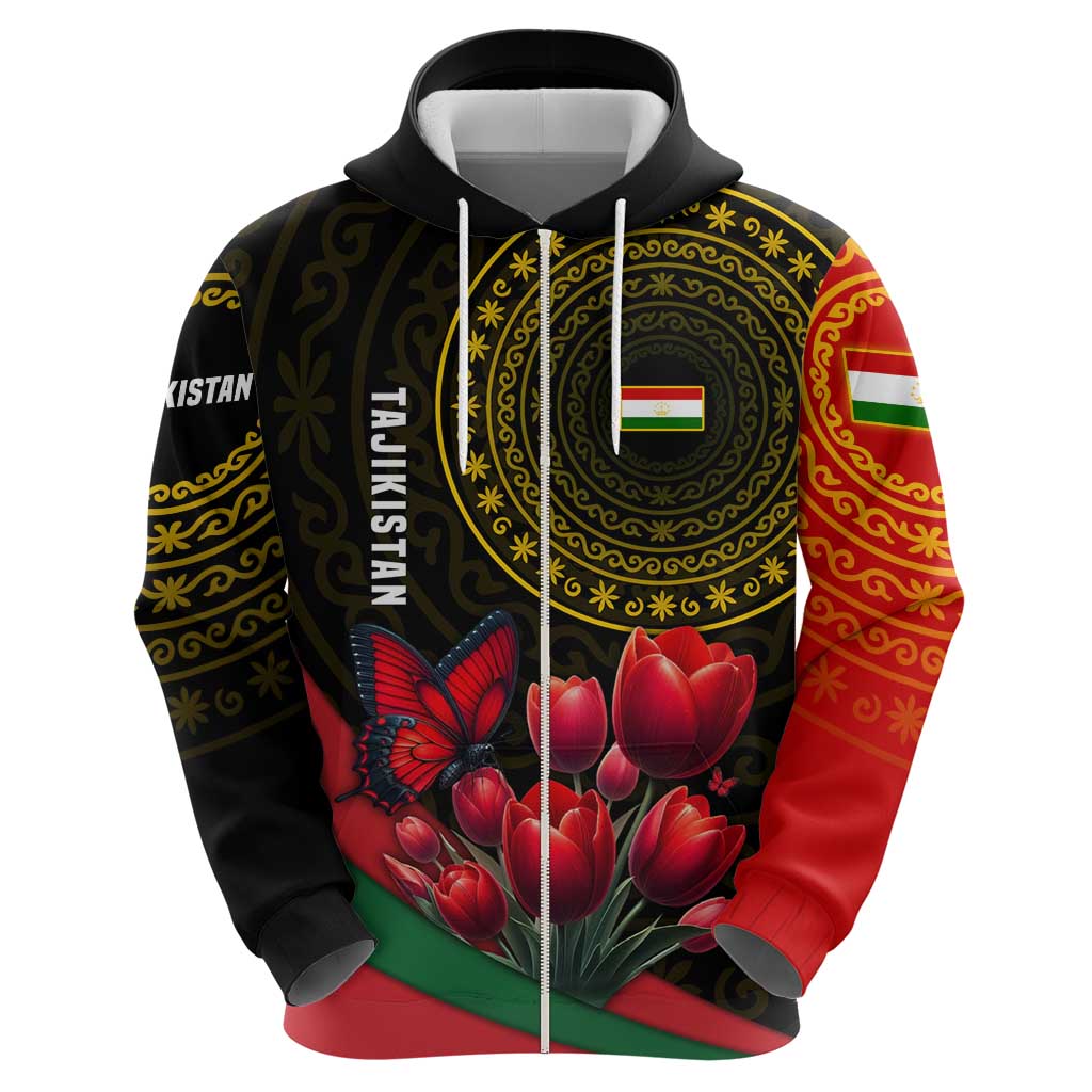 Tajikistan Hoodie Tulip with Red Floral Butterfly with Black Gold Folk Pattern TS04