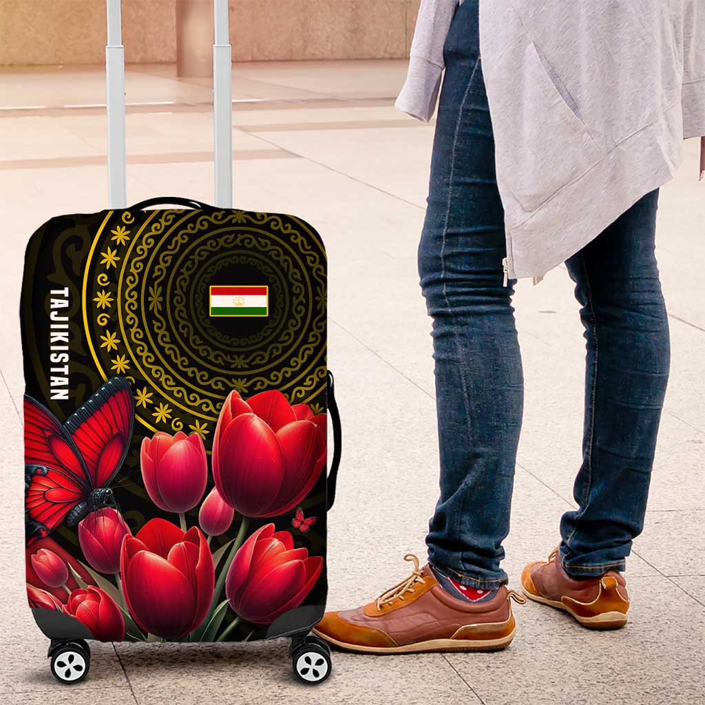 Tajikistan Luggage Cover Tulip with Red Floral Butterfly with Black Gold Folk Pattern TS04