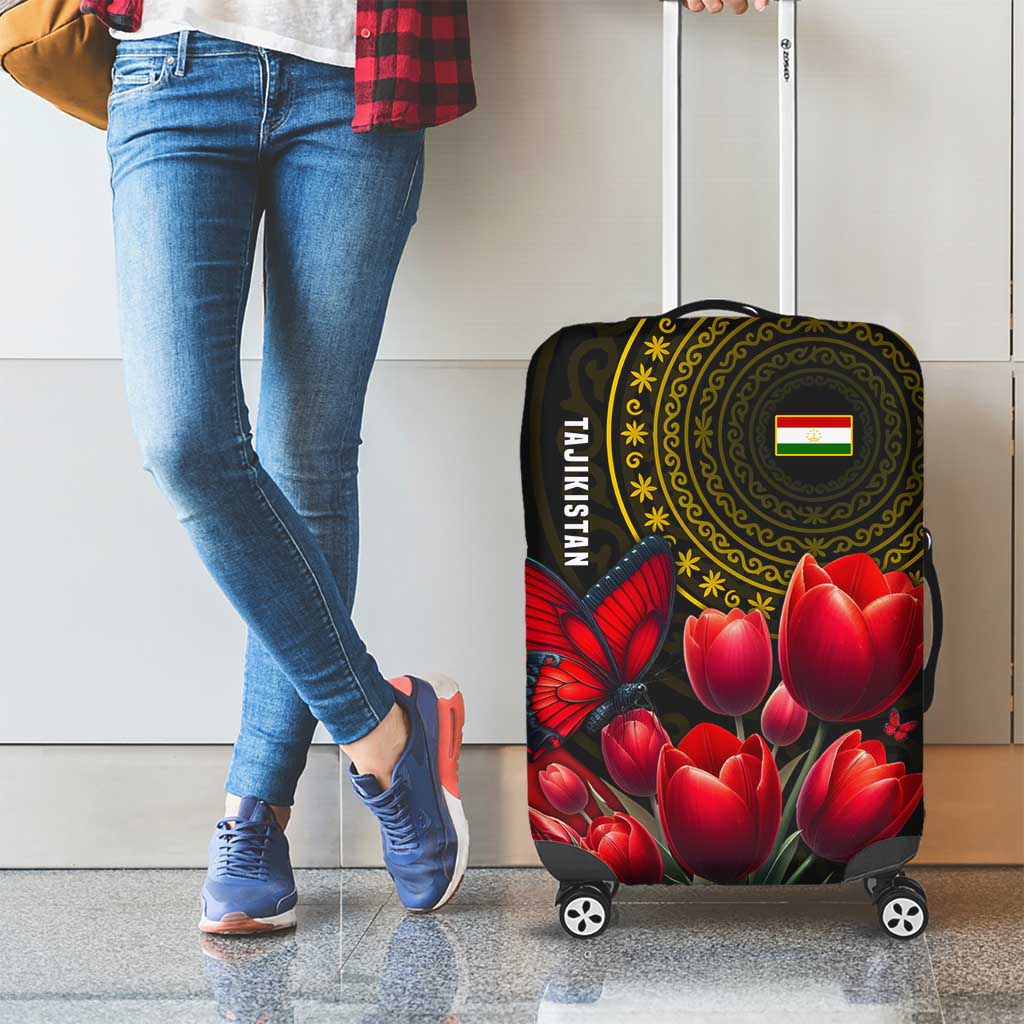 Tajikistan Luggage Cover Tulip with Red Floral Butterfly with Black Gold Folk Pattern TS04