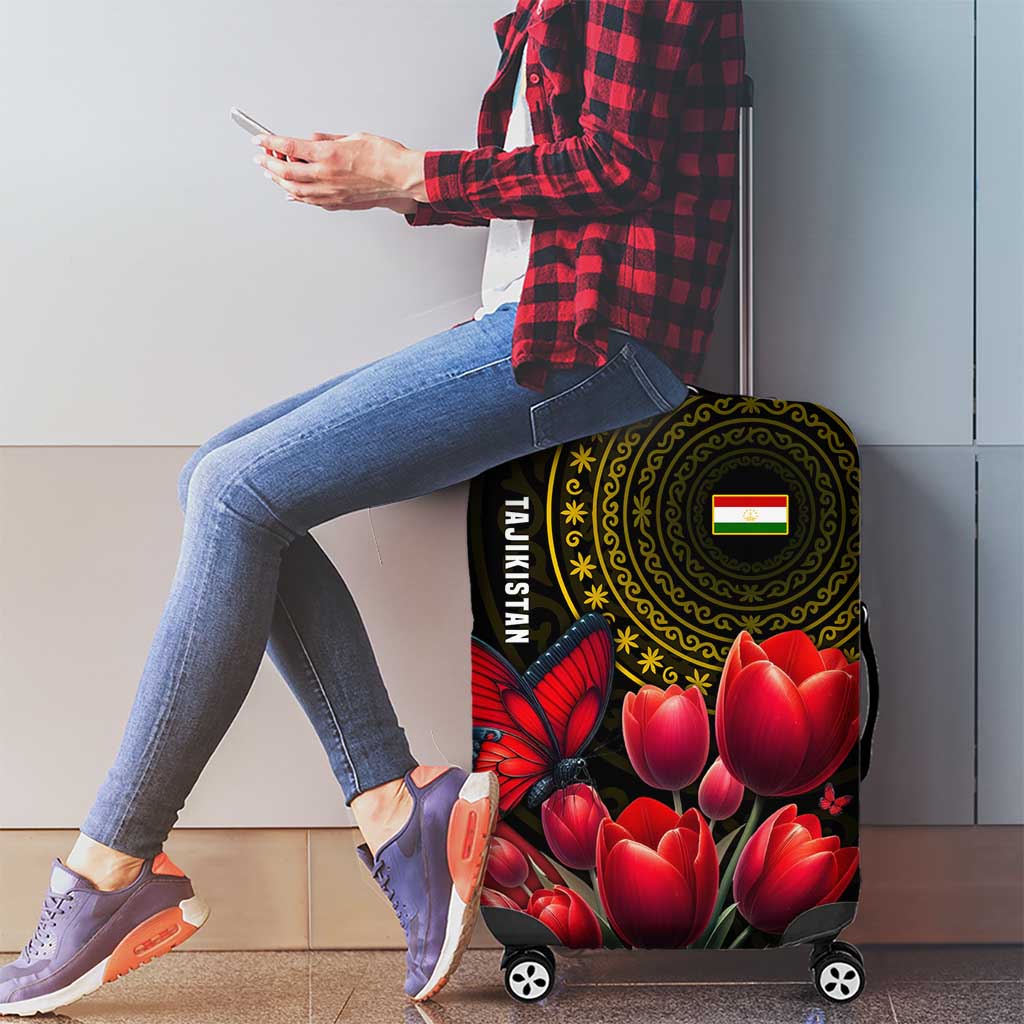Tajikistan Luggage Cover Tulip with Red Floral Butterfly with Black Gold Folk Pattern TS04