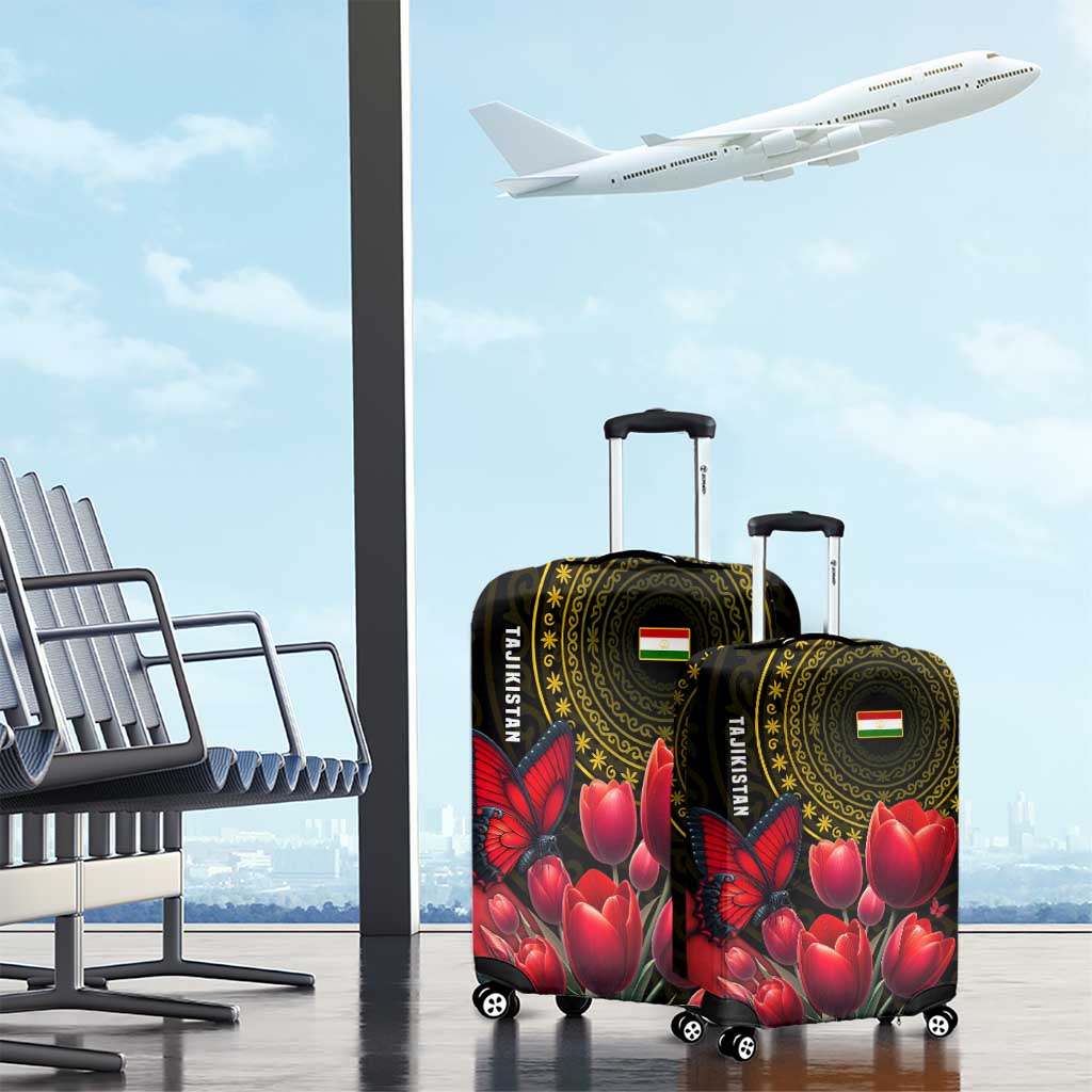 Tajikistan Luggage Cover Tulip with Red Floral Butterfly with Black Gold Folk Pattern TS04