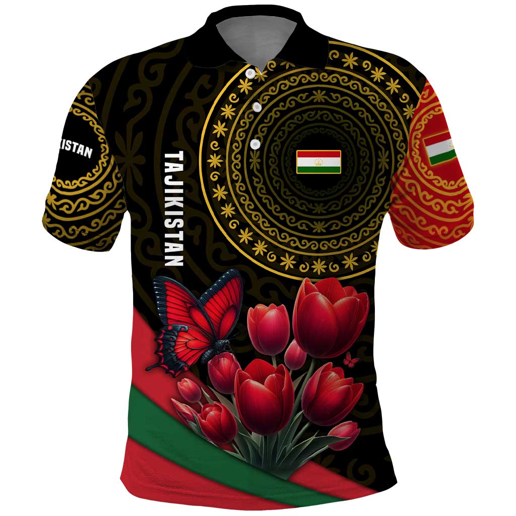 Tajikistan Polo Shirt Tulip with Red Floral Butterfly with Black Gold Folk Pattern TS04