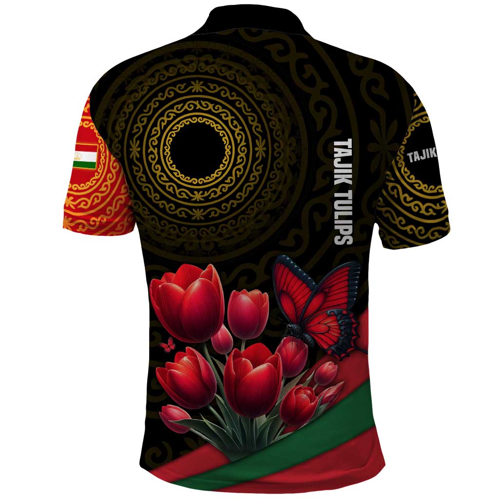 Tajikistan Polo Shirt Tulip with Red Floral Butterfly with Black Gold Folk Pattern TS04