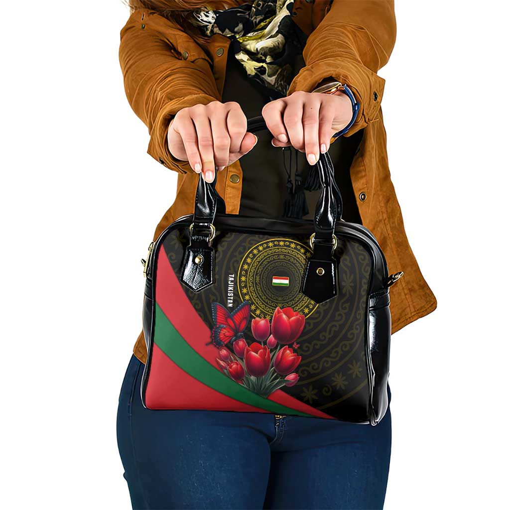Tajikistan Shoulder Handbag Tulip with Red Floral Butterfly with Black Gold Folk Pattern TS04