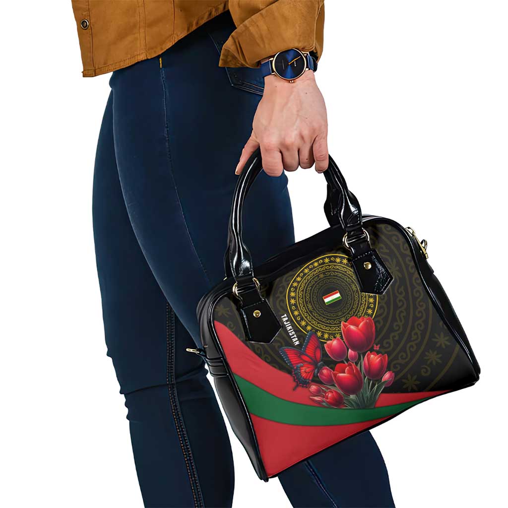 Tajikistan Shoulder Handbag Tulip with Red Floral Butterfly with Black Gold Folk Pattern TS04