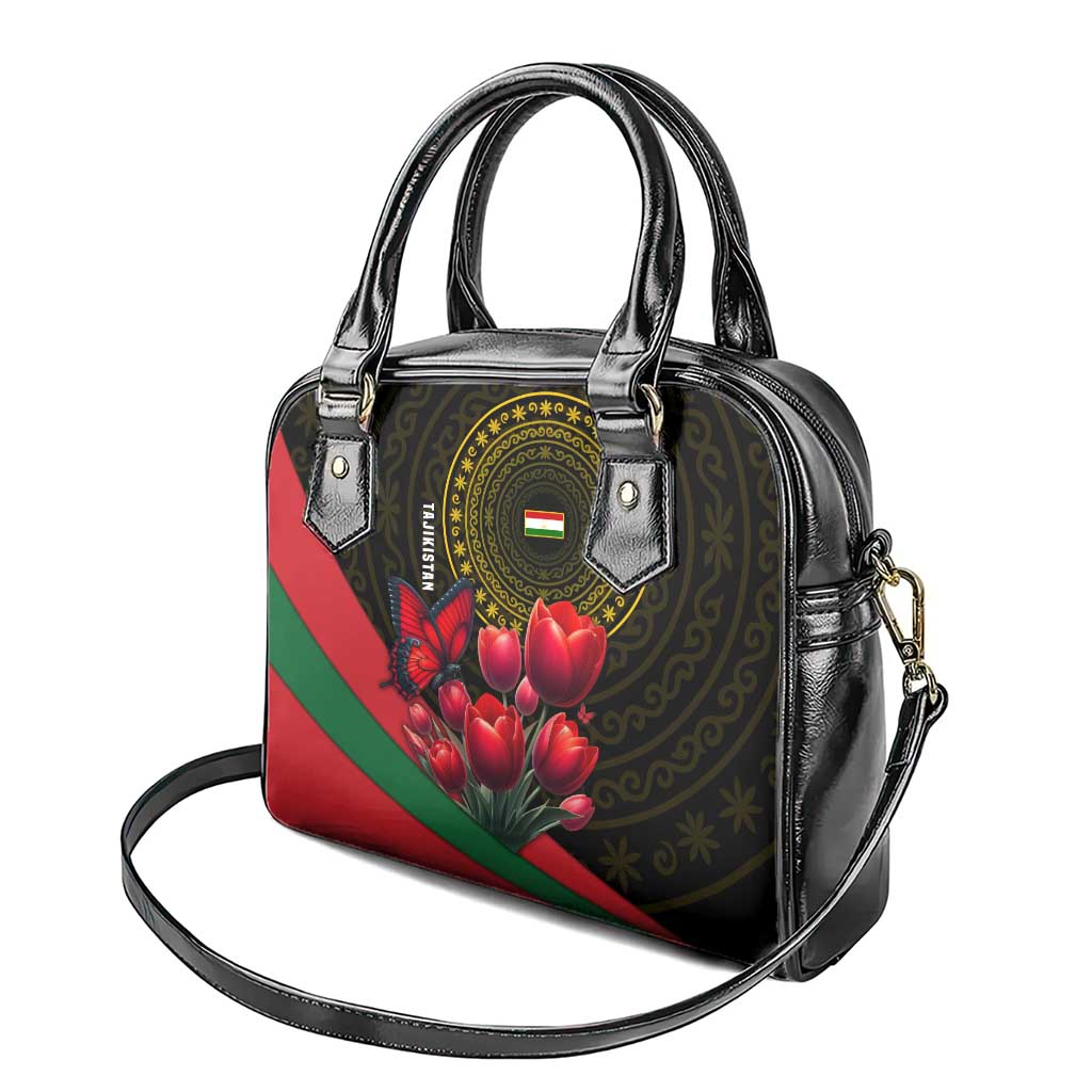 Tajikistan Shoulder Handbag Tulip with Red Floral Butterfly with Black Gold Folk Pattern TS04